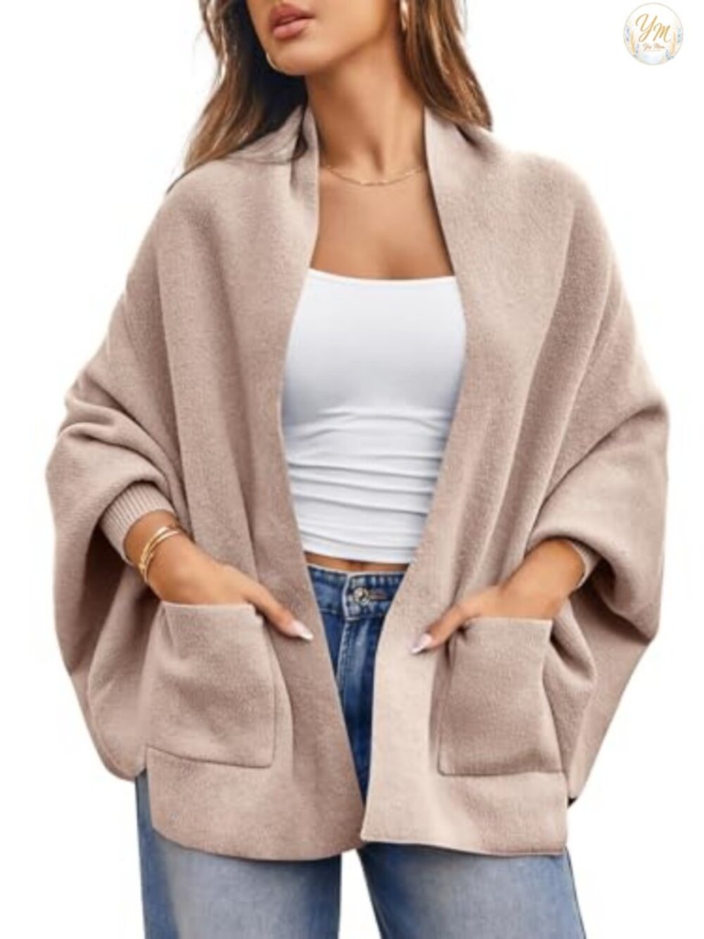Open Front Batwing Long Sleeve Chunky Knit Poncho Sweater Cardigan